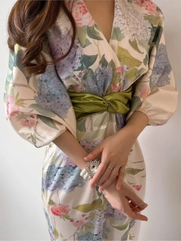 Frauen elegante Blumen Midi Kleid Frühling Vintage Japan Stil schicke Bodycon Geburtstags feier Vestidos weibliche Mode ein Stück Robe