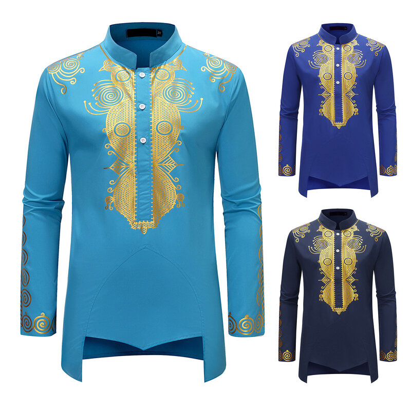 Camisa de comprimento médio com estampa étnica masculina, casaco muçulmano, roupa islâmica, veste árabe Abaya, moda jovem, luxo, casual, Dubai, juventude, casaco