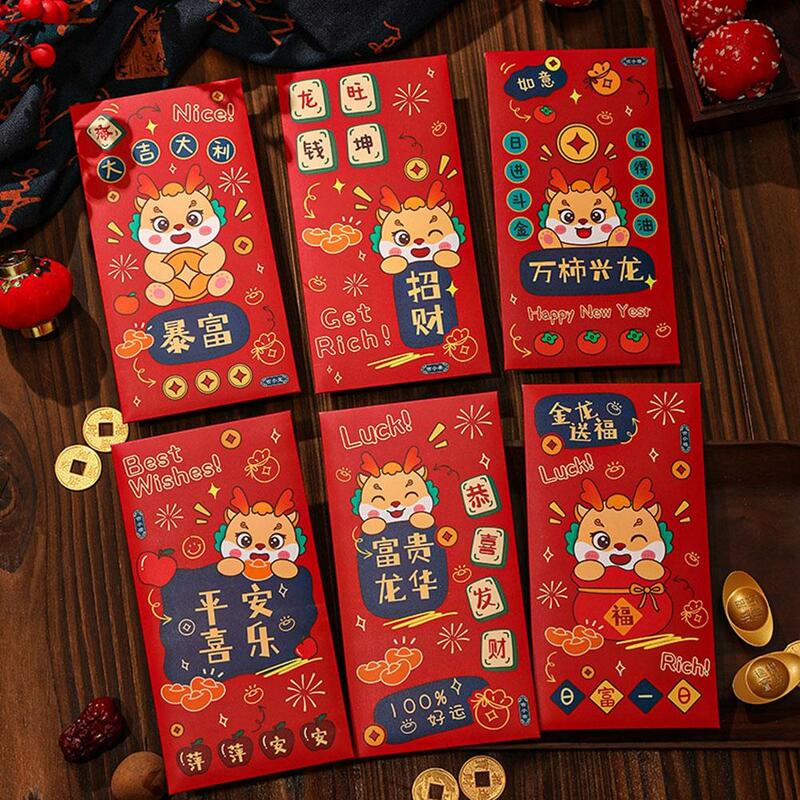 Sobre rojo del Año del dragón chino, 6 piezas, 2024, creativo, Festival de Primavera, regalo de cumpleaños para niños, sobres de dinero de la suerte, sobre de paquete rojo