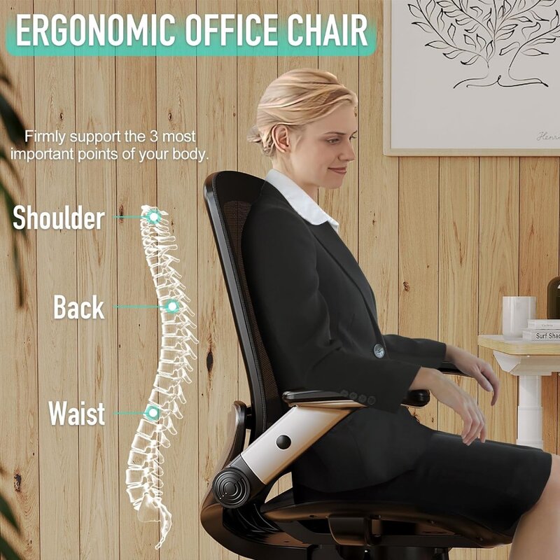 GABRYLLY Ergonomic Office Chair, Mesh Desk Chair - Lumbar Support and Adjustable Flip-up Arms, Soft Wide Seat