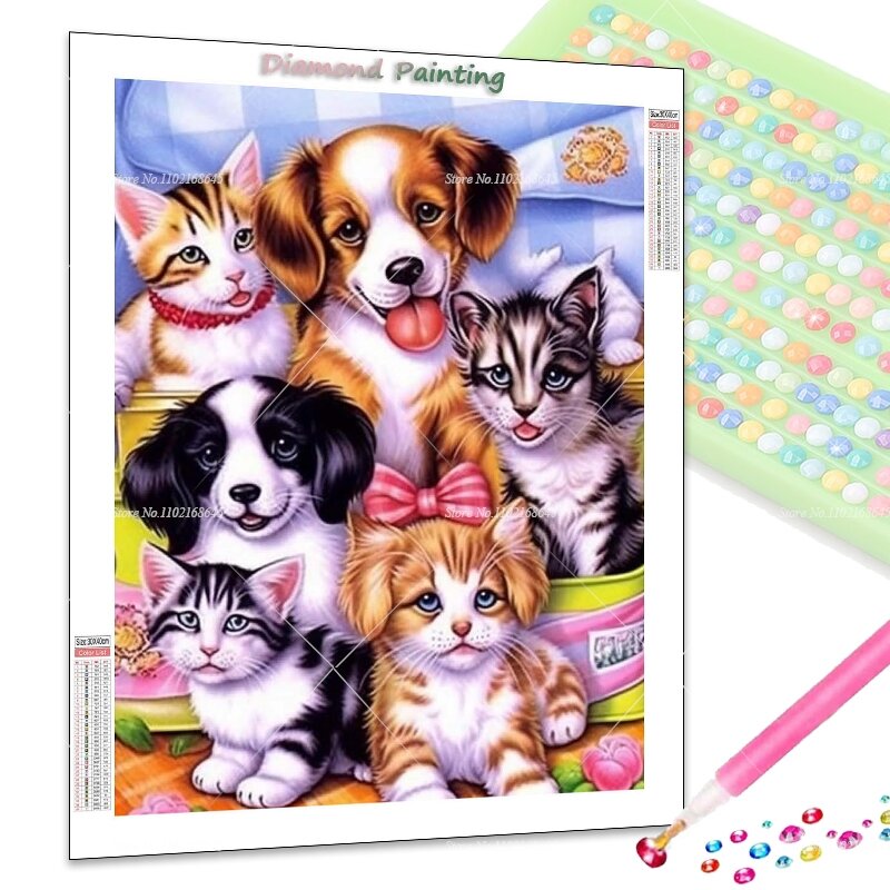 Pintura de diamantes de dibujos animados para decoración del hogar, Kits de bordado de mosaico de animales, arte de diamantes de imitación completo, gato, perro, familia, encantador, regalo para niños