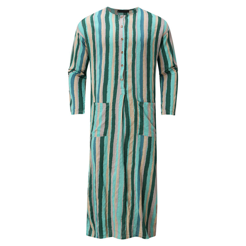 Men Ethnic Stripe Robe Vintage Striped Long Sleeve Muslim Kaftan Robe O Neck Buttons Jubba Thobe Pockets Dubai Arabic Clothing