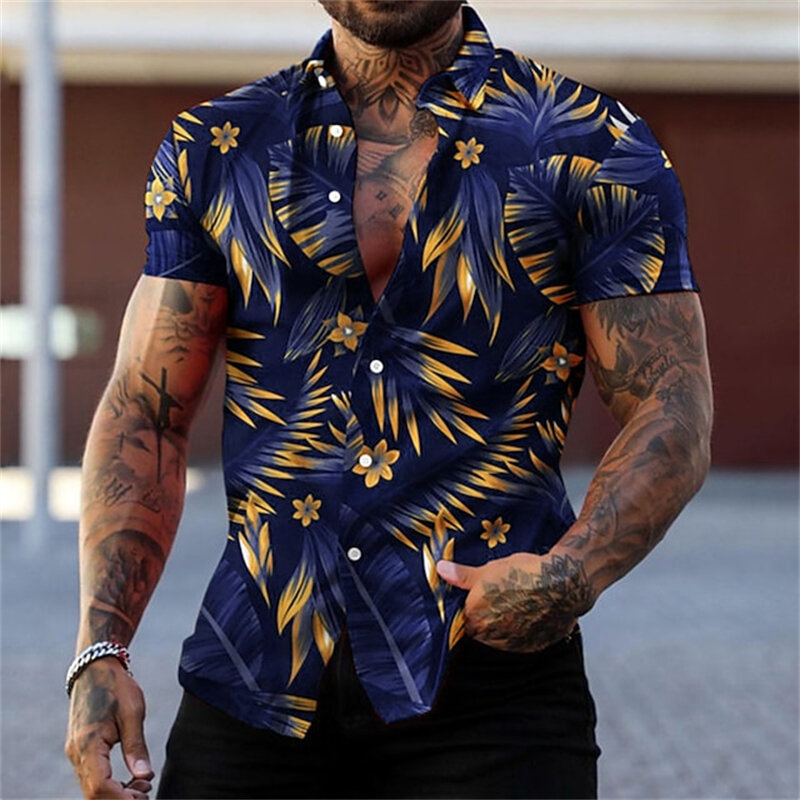 قميص رجالي هاواي مطبوع على النبات ، قميص غير رسمي بطية صدر ، بلوزة شاطئ صيفية ، بلوزة رحلة ، جودة عالية ، 3D