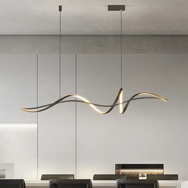 Lampu gantung LED minimalis Modern, lampu gantung desain melengkung hitam untuk ruang makan dapur Bar ruang tamu kamar tidur