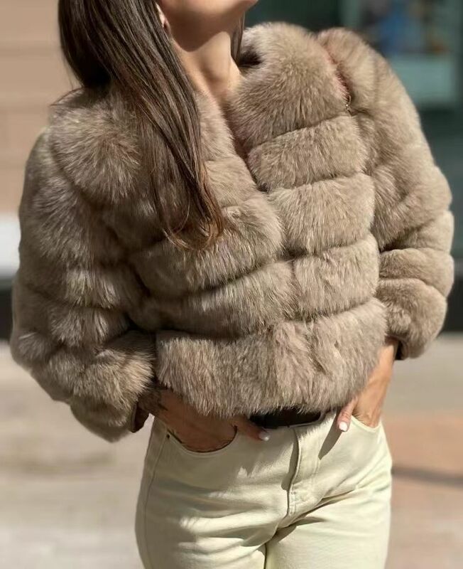 Abrigo de piel de zorro real natural para mujer, chaqueta de piel de lujo, chaleco femenino, abrigos peludos monocromáticos, beige, cálido, talla grande, Invierno