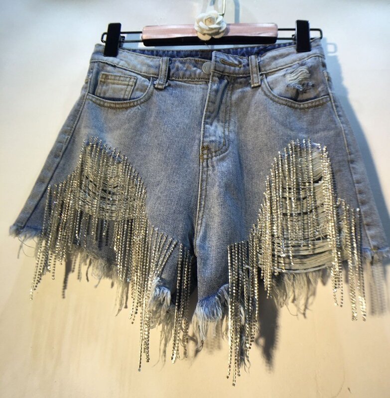 Jeansowe spodenki dla kobiet z kryształu górskiego frędzle lato gorąca dziewczyna przełom z wysokim stanem łańcuszek Slim Fit heaght beczka Sexy Mini spodnie