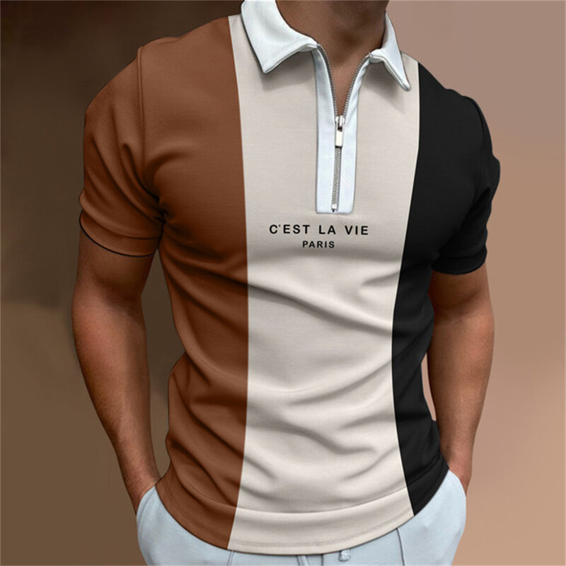 メンズ半袖ポロシャツ,新しいサマーシャツ,カジュアル,毎日,文字が印刷されたストライプ,ジッパー,2023