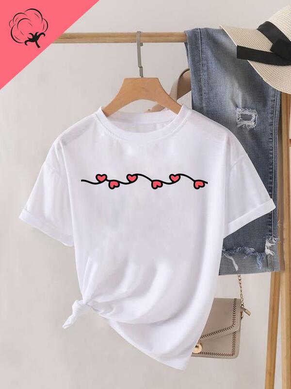 Camiseta de manga corta con estampado de patrón de amor para mujer, ropa informal de tendencia, divertida, elegante y bonita