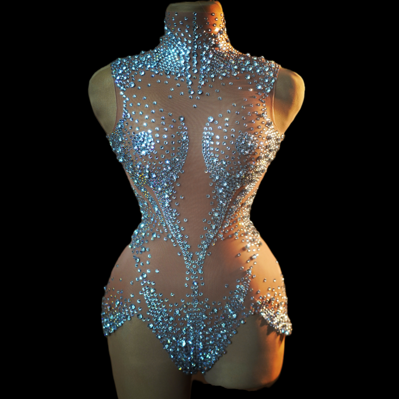 Romper kristal tembus pandang seksi Leotard tari tiang jaring pakaian Festival dewasa klub wanita berlian imitasi satu potong bodysuit