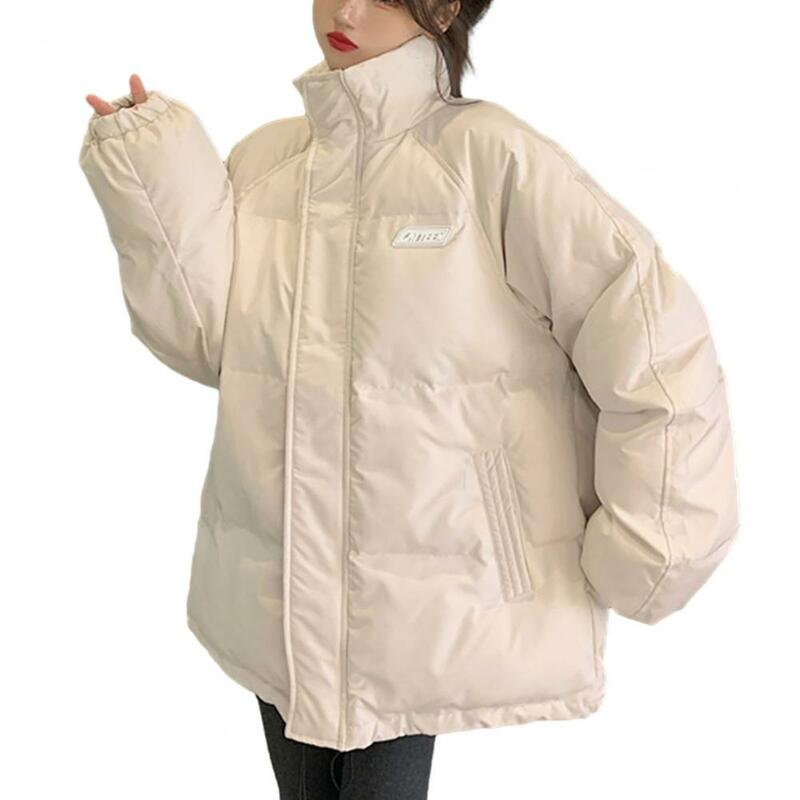 女性のためのパッド入りコットンダウンコート、暖かい防風、長袖、ジッパークロージャー、ポケット、女性