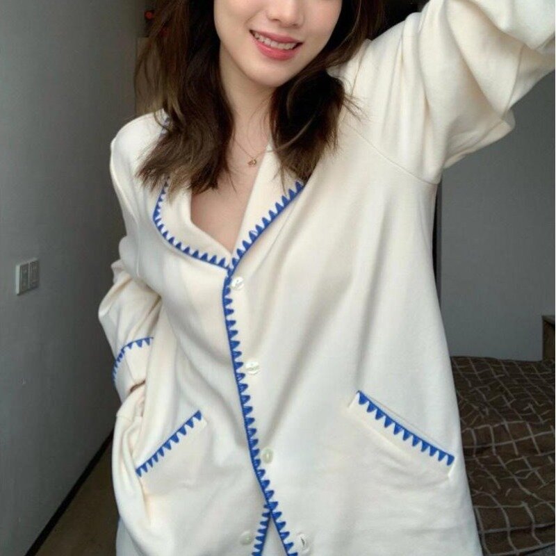 2024 New Long Sleeved Plush Pajamas Women Added Velvet Thickened Sleepwear Winter Minimalist Warm Island Velvet Homewear Set