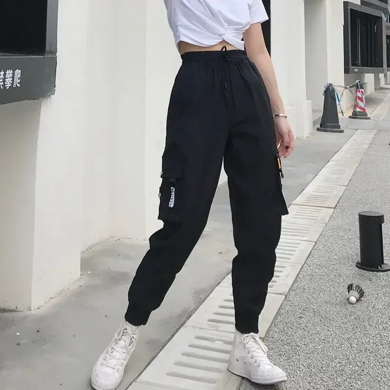 S-2XL Streetwear Fashion Women Big Size Cargo Pants Spring Autumn Elastic High Waist Contrast Color Loose Sports Casual Trousers