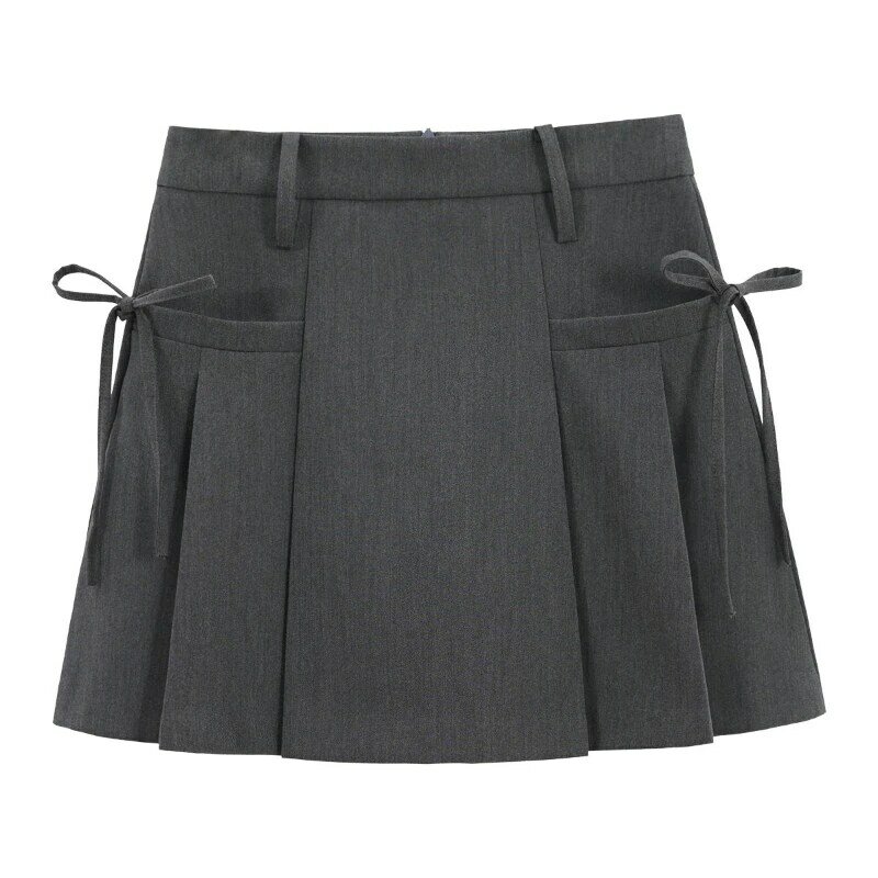 Deeptown Pleated Skirt Women Sweet Preppy Mini Grey Cute Bow Short Skirt Solid Casual Lace Up Black Skirts Korean Fashion Basic