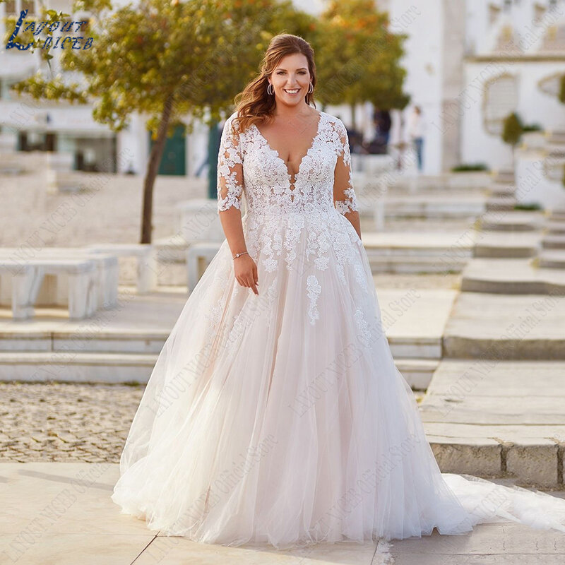 เลย์เอาต์กระโปรงสตรีไซส์พิเศษแต่งงานแบบคลาสสิกลูกไม้ขึ้นชุดเจ้าสาวเปิดหลังผ่าครึ่งแขนเสื้อ Vestidos de Noiva 2024