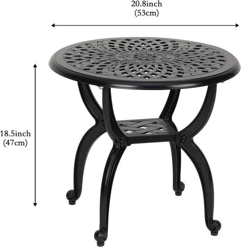 Odlewany aluminiowy stół boczny/końcowy, antykorozyjny stolik kawowy Bistro na zewnątrz, Patio, wewnątrz, ogród, weranda, balkon (okrągły czarny)