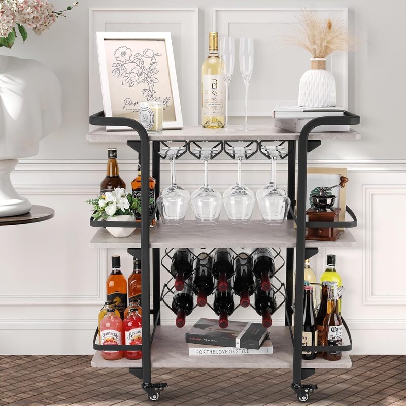 3-Tier Bar Cart  Shelves w/ Wine Racks & Glass Holders, Light Grey Beverage Cocktail Shelves Cart w/ 4 Lockable Wheels
