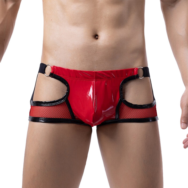 Hot Personalized Mens Hollow Out Faux Leather Convex Pouch Thong  Wet-Look Briefs Breathable Pouch G-String Male Underwear