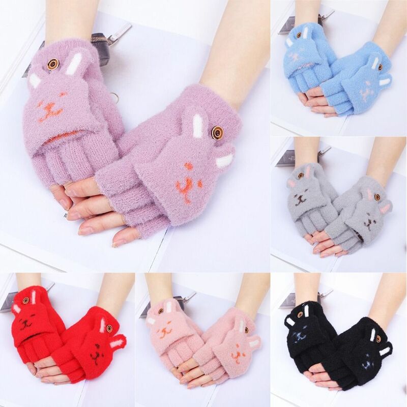 Short Knit Mittens Daily Thick Cute Rabbit Ear Flip Half Finger Gloves Windproof Cold Proof Warm Gloves Women Girls
