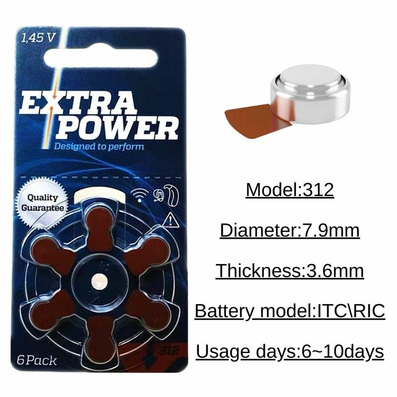 Caixa de Baterias de Aparelhos Auditivos Extra Power, Marrom PR41 Zinc Air, Tamanho 312, A312, 1.45V, 60 Células de Bateria
