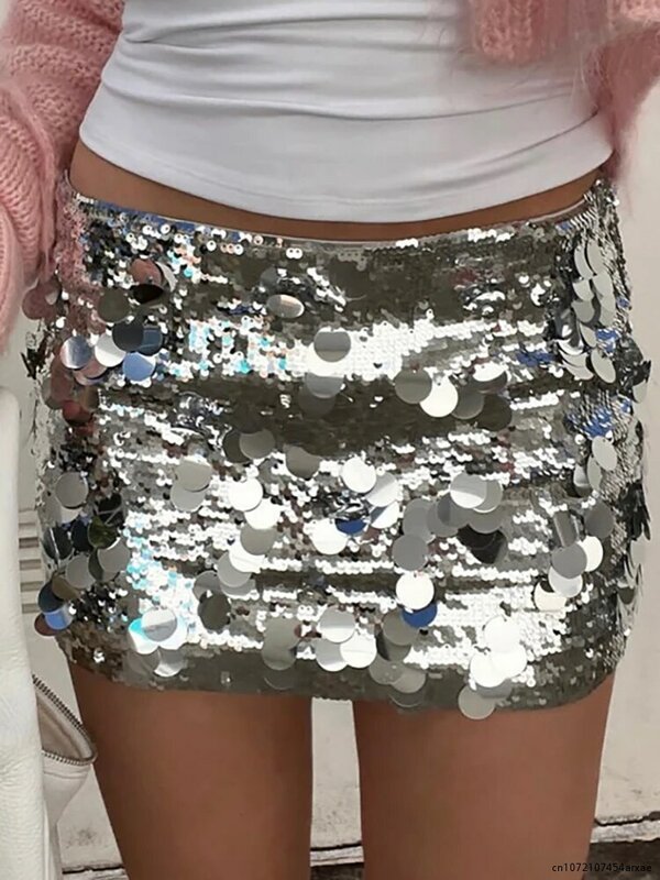 Falda de cintura alta con lentejuelas empalmadas para mujer, minifalda Sexy plateada con glúteos, moda de verano, Primavera, 2023