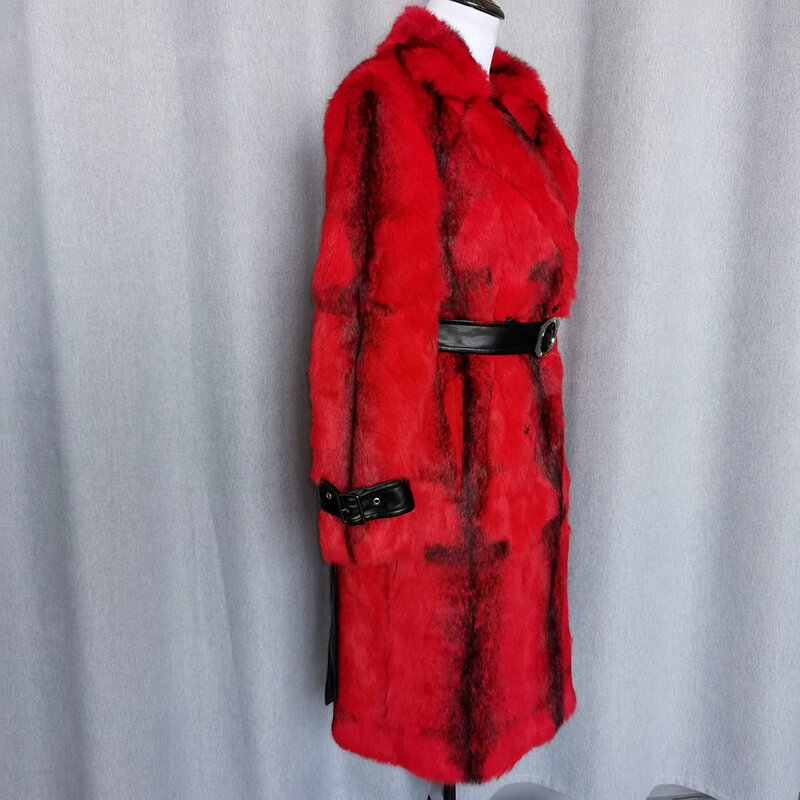 Abrigo largo de piel de conejo Natural para mujer, chaqueta gruesa y cálida con cuello vuelto, ropa de calle para invierno, 2023