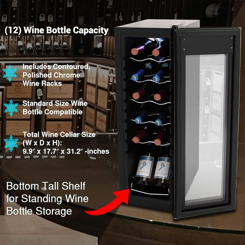 화이트 및 레드 쿨러 프리 스탠딩 조리대 컴팩트 미니 와인 냉장고 냉각기, 12 병 용량, 디지털 제어, 유리 문짝