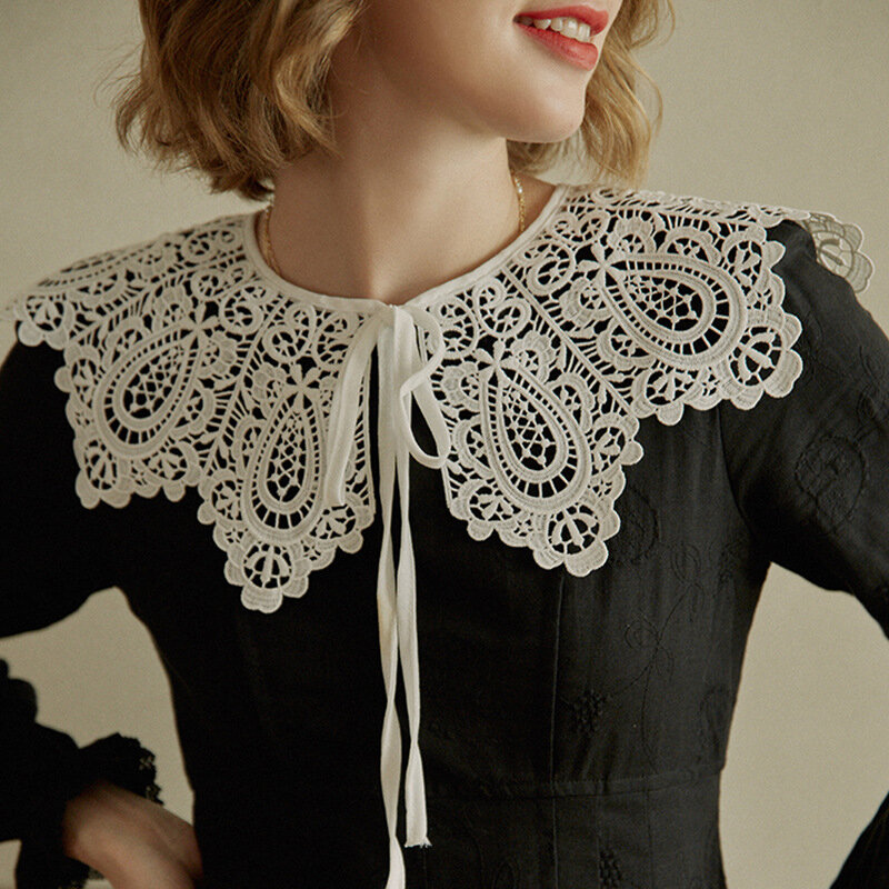 Fashion Vintage Palace Style Women Doll Fake Collar Hollow Out Crochet Lace Half Shirt Shawl With Imitation Pearl Bowtie