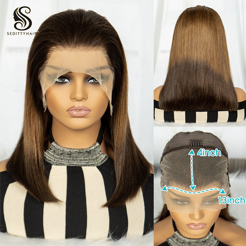 Lace Front Gradient Double Drawn Bob Wig T4/30/4 Brown Roots Straight Wig 13x4 Lace Front Remy Human Hair Short Wig