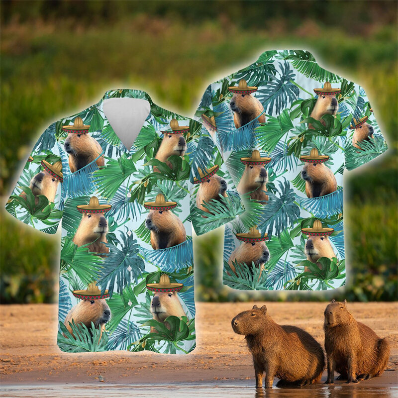 Śmieszne kapibary Koszule z nadrukiem 3D Dla Mężczyzn Ubrania Casual Cute Kapibara Koszula Plażowa Hawajska Kreskówka Zwierzęta Bluzki Damskie Topy z klapami