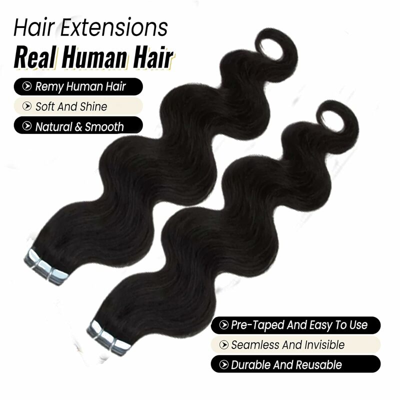 Extensiones de ondas onduladas para mujer negra, cinta de cabello humano 100% Real, pegamento adhesivo de trama de piel Remy, negro Natural