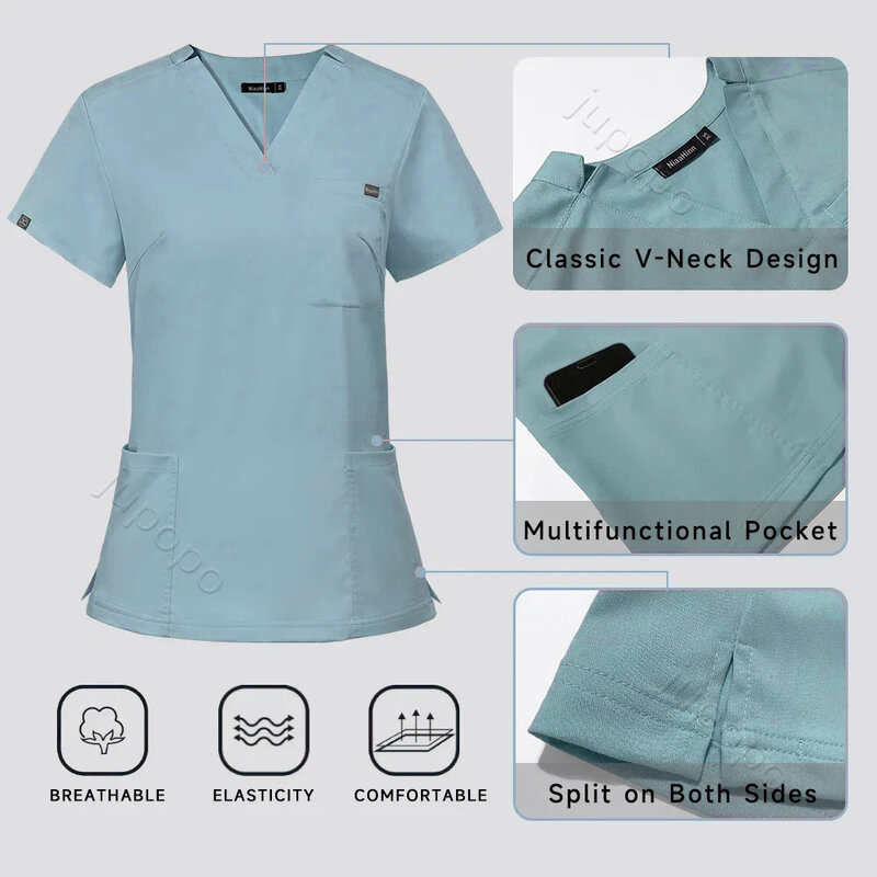 Uniforme Multicolor de manga corta para mujer, Tops y pantalones, uniforme de enfermería, tienda de mascotas, médico, cirugía, ropa de trabajo, conjunto exfoliante