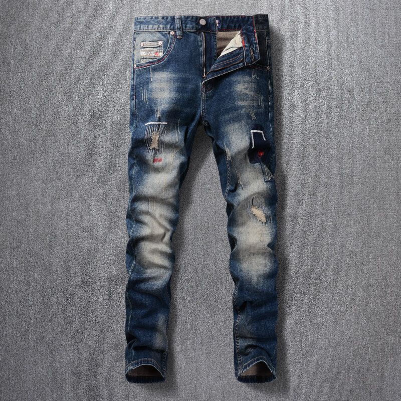 Calça jeans rasgada com ajuste fino elástico masculino, bordado, calça jeans vintage, moda streetwear retrô, azul