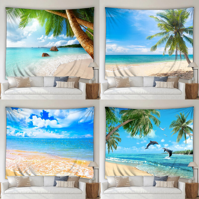 Ocean Beach Tapestry Seaside Tropical Coconut Tree Nature Landscape Home Dorm Room Decor Background Fabric Tapestry Washable
