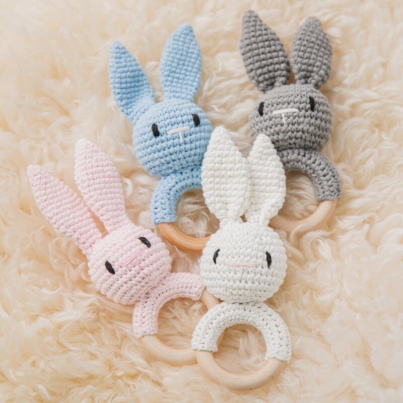 1Pc Baby Crochet Rabbit Wooden Ring Rattle Toys Soother Bracelet Music Rattles Teether Mobile Crib Toys For Newborn Gifts