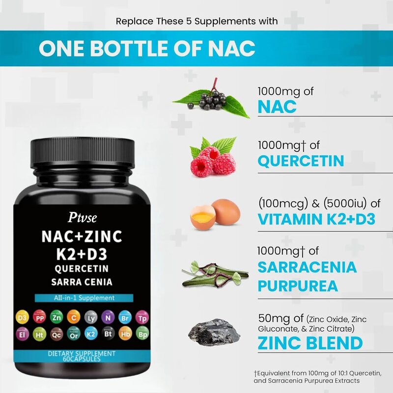 NAC jest bogaty w wysokiej jakości N-acetylocysteinę NAC 1000mg suplement z dodatkiem witaminy D3 K2, kompleksu cynku i kwercetyny 1000mg