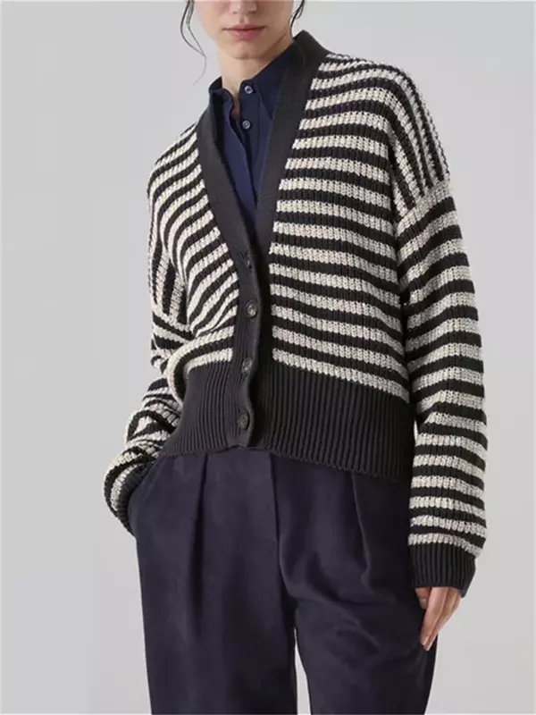 Pullover für Damen neue Baumwolle gestreifte Kontrast farbe einreihiger V-Ausschnitt locker lässig Langarm pullover