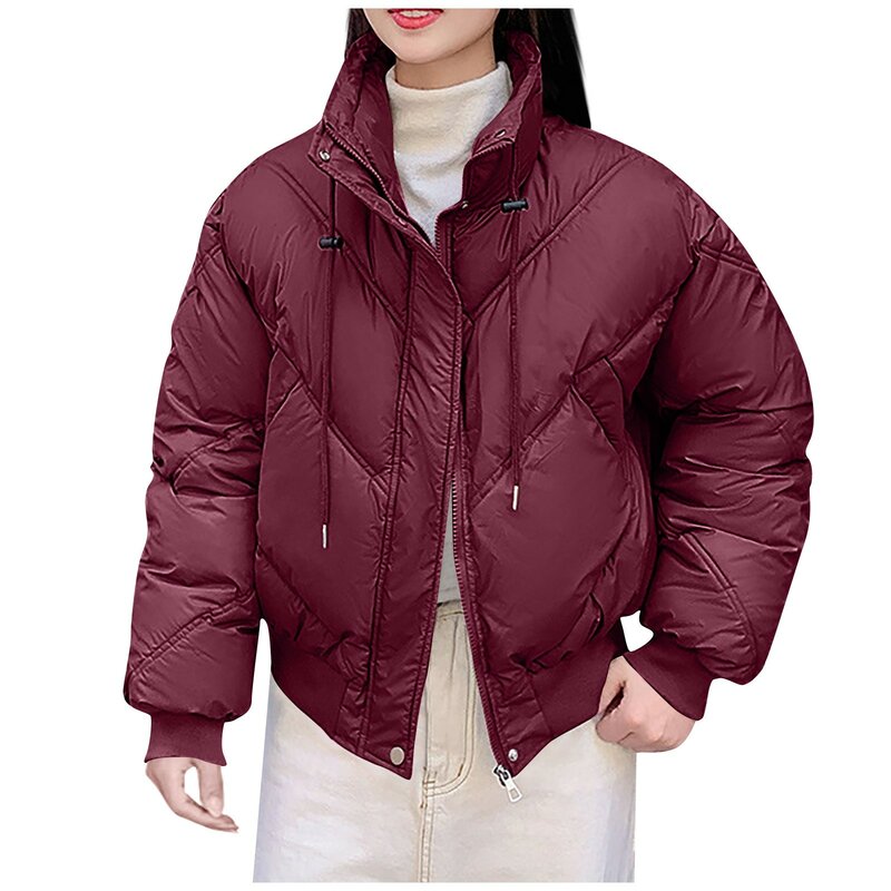 Women's Zipper Loose Short Cotton Coat Autumn Winter Ladies Parka Stand Hooded Solid Color Big Pocket Button Jacket Parkas