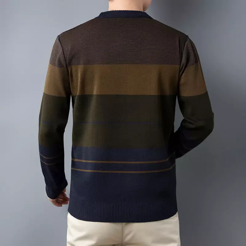 Мужской Повседневный свитер, полосатый вязаный свитер с круглым вырезом, теплая и модная мужская одежда