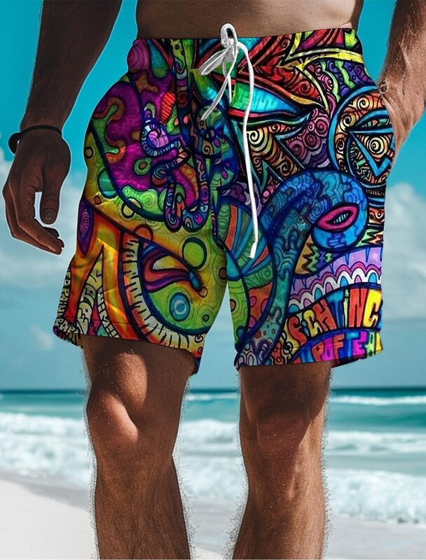 Graffiti masculino estampado em 3D calções de praia, cordão elástico na cintura, estilo havaiano, calções de praia, moda praia, férias
