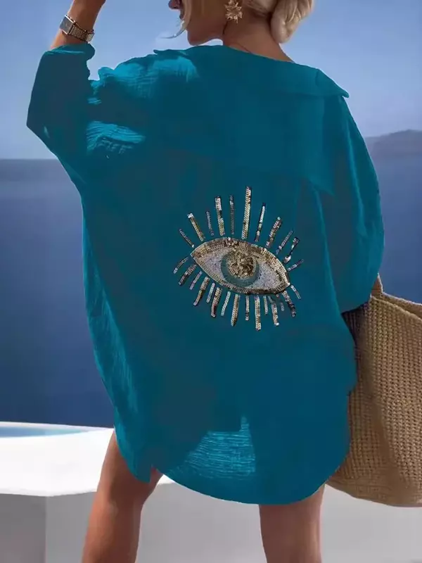 Fashionable Women's Casual Sequin Eye Shirt Loose Button Sun Protection Cotton Linen Medium Length Beach Style for Summer