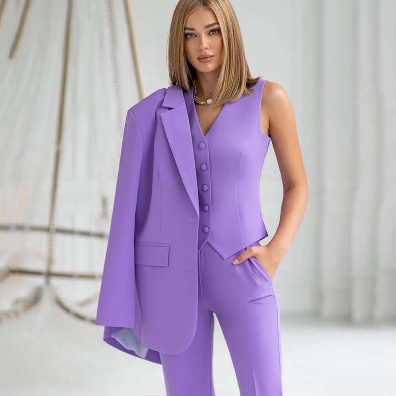 女性のためのエレガントな3ピーススーツ,オフィスジャケット,パンツ,ベストをセットした紫色のスーツ