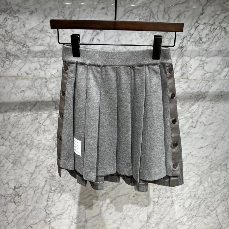 Falda clásica de cintura alta para Mujer, Falda corta con botones y correas laterales, color gris, azul marino, 2022