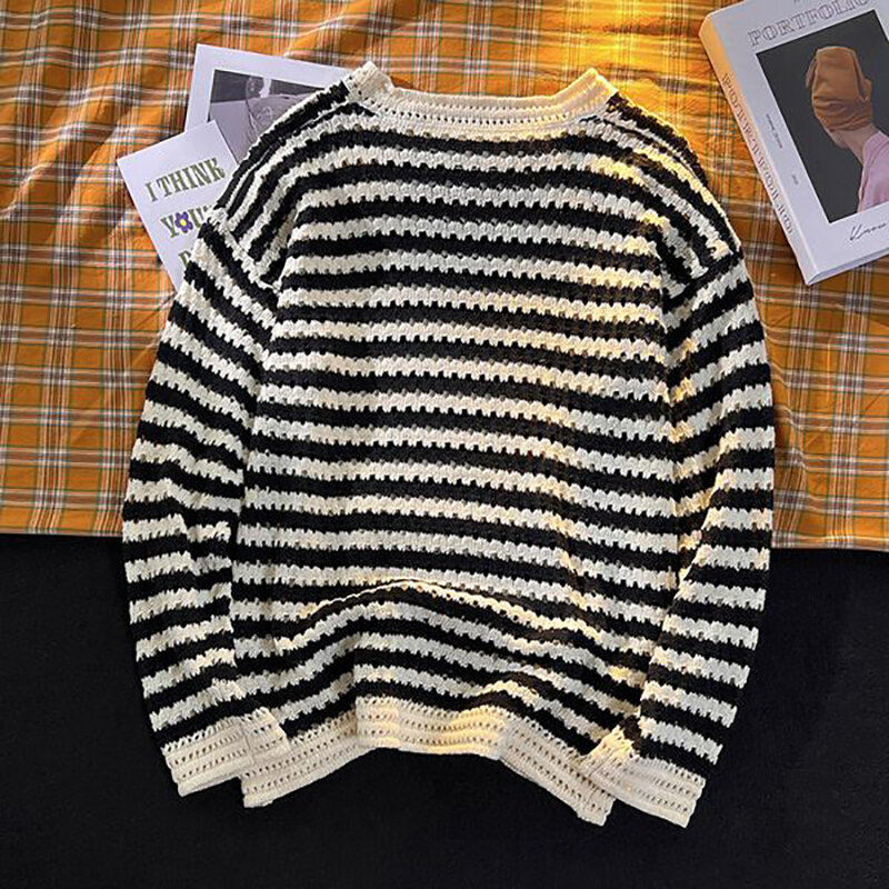 Cotton Knitted Hollow Out Black White Striped Long Sleeve Men O Neck Sweaters Vintage Cool Fashion Oversized Pullover Autumn Top