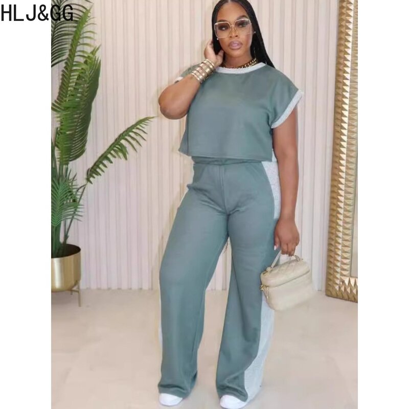HLJ&GG Casual Color Splicing Straight Pants Two Piece Sets Women O Neck Short Sleeve Top And Pants Outfits Female 2pcs Clothing