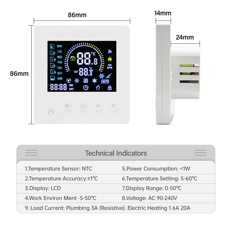 TUYA WiFi Thermostat Temperature Controller Water Electric Floor Heating TRV AC90V-240V 3A 16A Digital LCD Display Wall Mounted