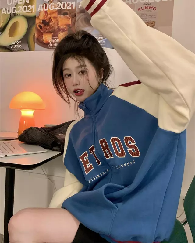 Moda coreana carta bordado uniforme de beisebol feminino casual solto 2022 nova jaqueta de malha jaqueta feminina outono bicolor