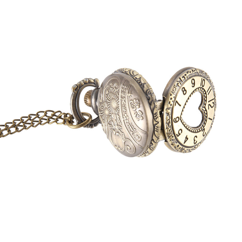 Reloj de bolsillo Vintage, de Color bronce reloj de cuarzo, cadena fresca, corazón de amor hueco, LL @ 17