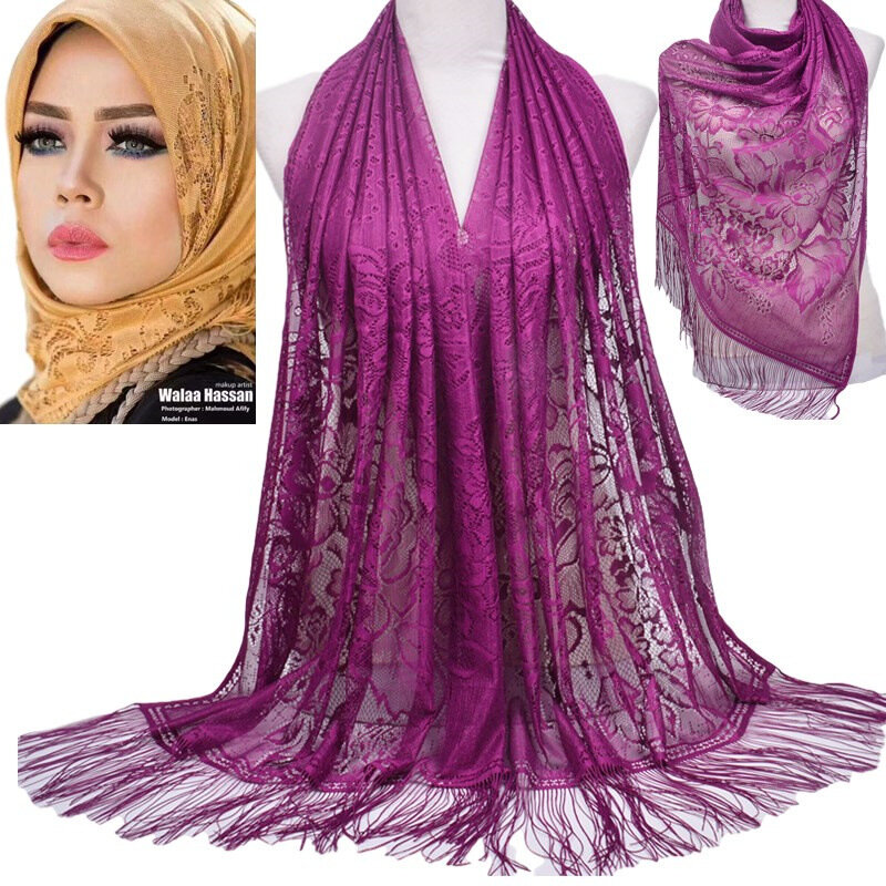 Moslim Sjaal Cover Effen Kleur Kant Uitgeholde Kwastje Zijden Sjaal Dames Zomer Malaysian Lange Gaas Sjaal Vrouwen Moslim Hijab