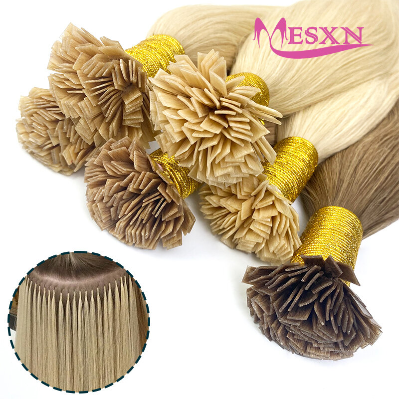 MESXN ekstensi rambut ujung datar kualitas tinggi ekstensi rambut perpaduan manusia asli alami ekstensi rambut warna pirang cokelat ketebalan akar