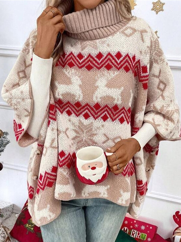 Sweater natal wanita, atasan rajut Pullover, leher Turtleneck, lengan Batwing, motif kepingan salju klasik, sweater natal s
